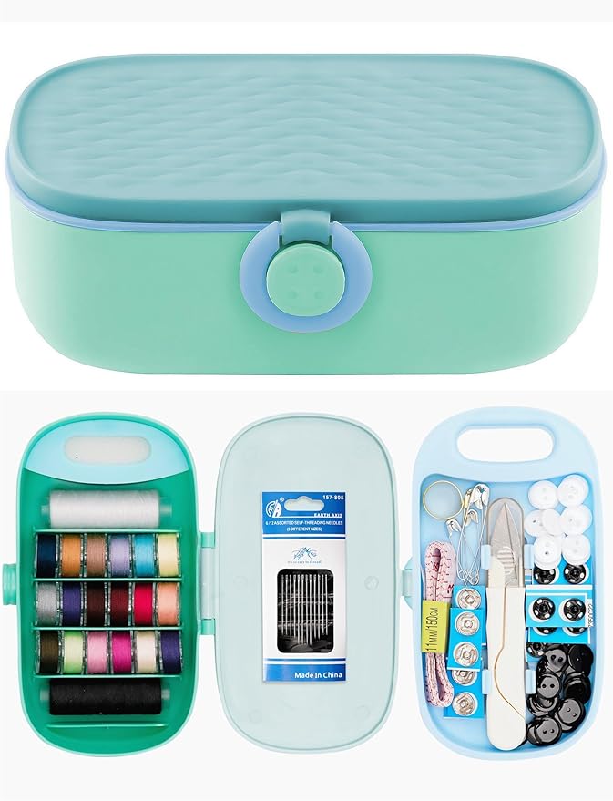 FKOG Cyan Green Sewing Project Kit, 135 Pcs Family Travel Sewing Kit Sewing Supplies Repair Kit Sewing Thread Accessories DIY Sewing Supplies Organizer (Cyan Green Sewing kit)