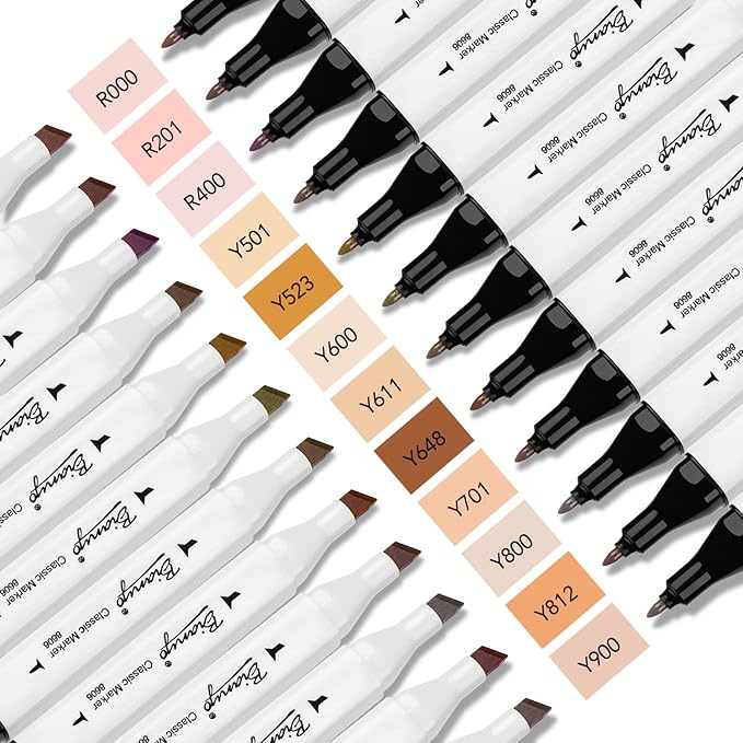 Bianyo 12 Skin Tone Alcohol Markers, Dual Tip Fine & Chisel Markers for Coloring, Portrait Drawing, Sketching, Shading & Illustration Art