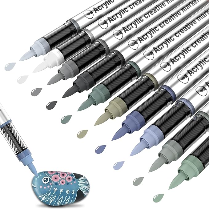 10 Color Acrylic Paint Markers Brush Tip, Waterproof, No-Bleed Ink with Automatic Ink Control, Premium Paint Pens for Rock, Wood, Canvas, Glass, Fabric for Professional and Adult Artists