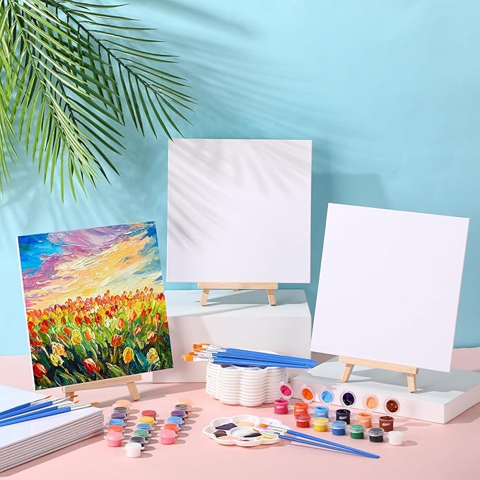 Qilery 12 Set Acrylic Paint Kit Mini Stretched Canvas with Easel, Acrylic Paints Strips, Brushes, Palette, Art Set for Kids Adults Classroom Birthday Party Favors(7.9 x 7.9 Inch)
