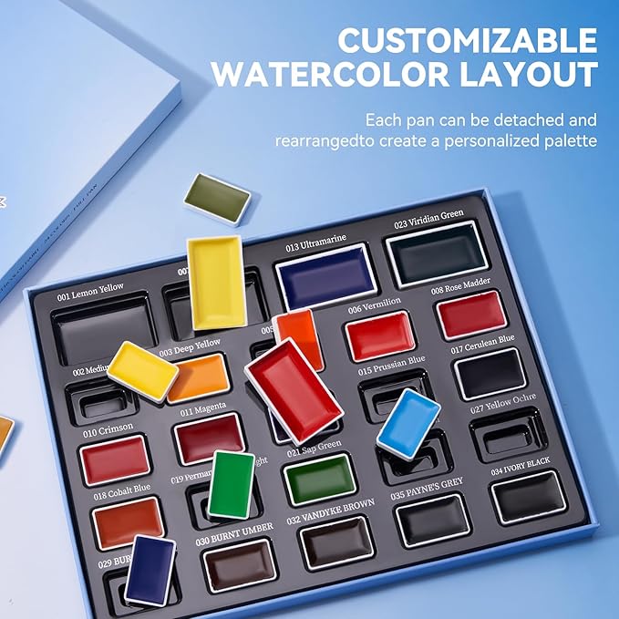 Watercolor Paint Set, 24 Colors Full-Pan Solid Watercolors with 4 Oversized Primary Colors, Highly Pigmented, Removable & Refillable Pans, Ideal for Beginners, Artists & All Skill Levels