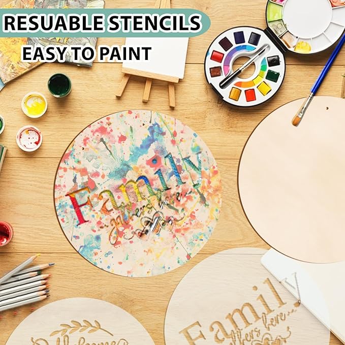 12 Inch Wood Circles for Crafts, 10Pcs Unfinished Wood Rounds with 9Pcs Welcome Stencils & 12Pcs Painting, DIY Wooden Crafts for Door Hanger, Wood Burning, Painting, Thanksgiving Day Christmas Decor