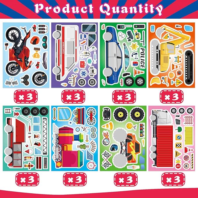 DUJAA 24 Sheets Vehicle Stickers for Kids, Make Your Own Police Car, Ambulance, Truck, Train, Motorcycles Engineering Vehicle Stickers for Toddlers, Brithday Party Supplies Classroom Teacher Reward