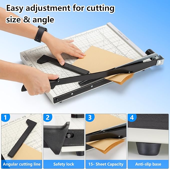 Ecraft 15" Guillotine Paper Cutter : Heavy-Duty Steel Base, 15-Sheet Capacity, Automatic Clamp, Safety Lock & Magnetic Guide - Precision Paper Trimmer for Office and Crafts