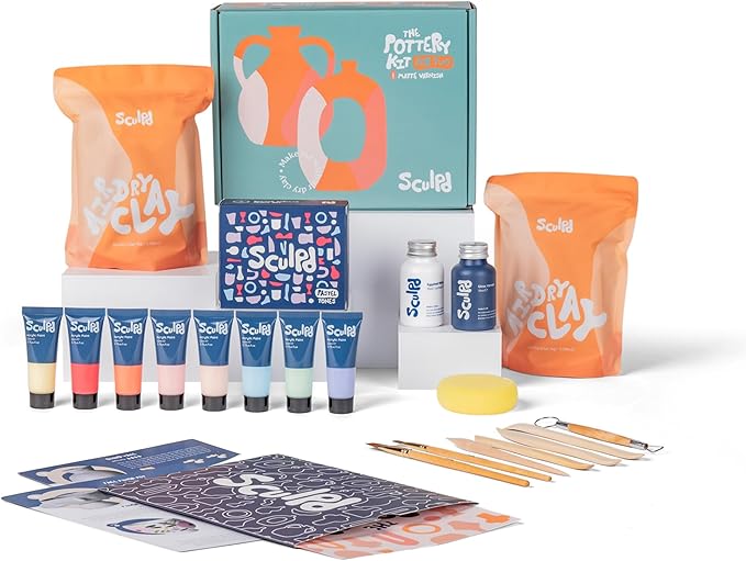 Sculpd - The Original Pottery Kit - Complete Air Dry Clay Kit for Adults Includes Sculpting Tools, Varnish, Paint Brushes, Guides, Arts & Crafts Sets, Pastel