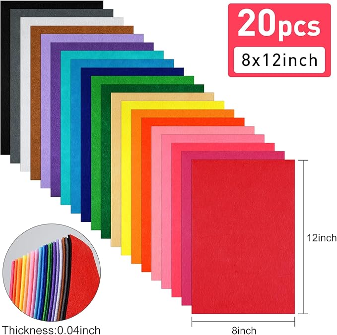 20 Pcs Felt Fabric Sheet 8" x 12" Assorted Color Felt Fabric Sheets for Crafts DIY Handcraft Sewing Squares Patchwork Nonwoven