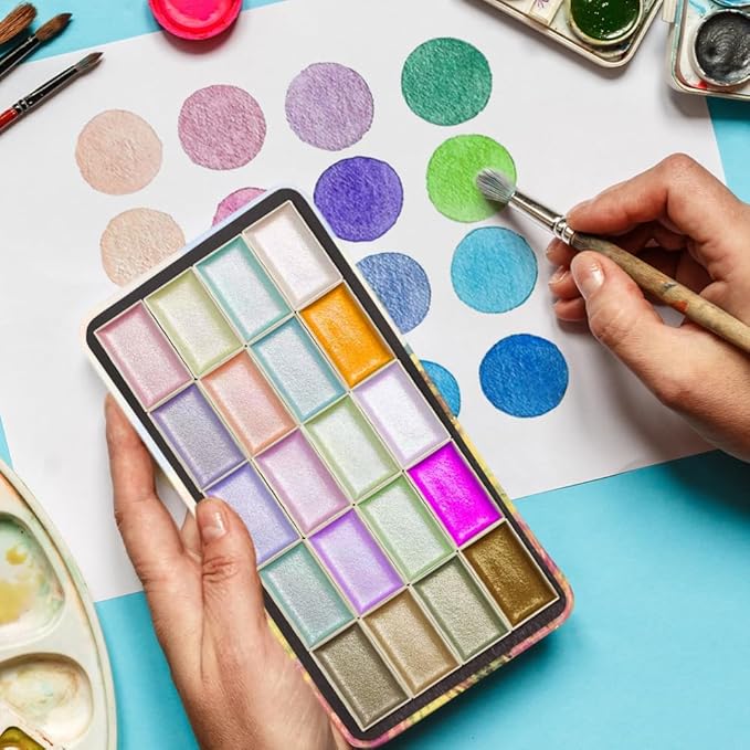 Portable Watercolor Paint Palette with Tins, Lightweight Empty Full Pans with Magnetic Squares, Metal Paint Tray Palettes for Travel, Acrylics Painting and Art, 20Full Pans,Massif