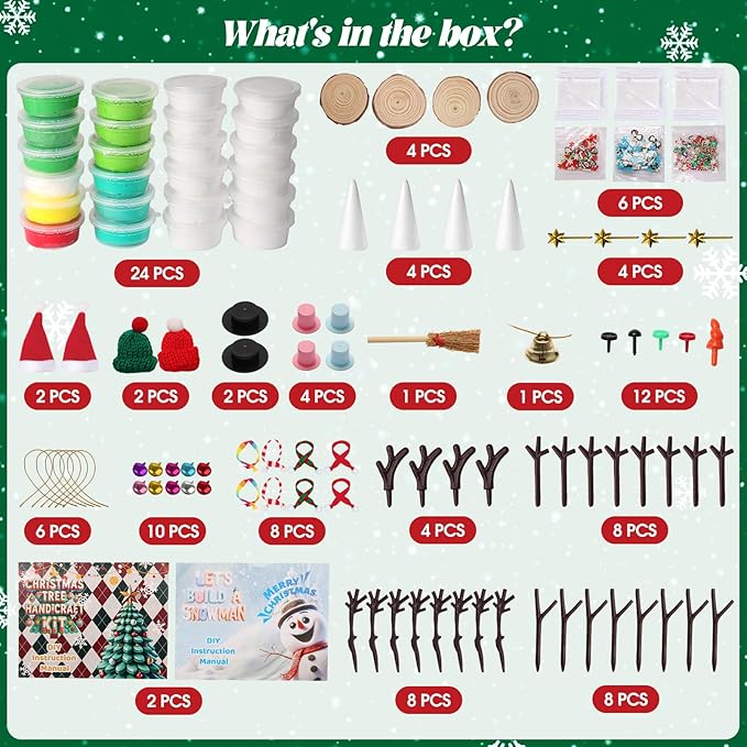 24 Pack Build a Snowman & Christmas Trees Clay Kit for Kids – Colorful Air Dry Clay Christmas Craft Set, Modeling Craft DIY Set, 2-in-1 Snowman Tree Activity, Creative Xmas Gift for Boys Girls