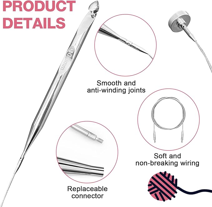 Vdsfand Tunisian Crochet Hooks Set-12 Hooks(3mm-10mm) Aluminium Interchangeable Crochet Hooks with Cable,Ergonomic Grips Afghan Crochet Knitting Needles for Crocheting (26)