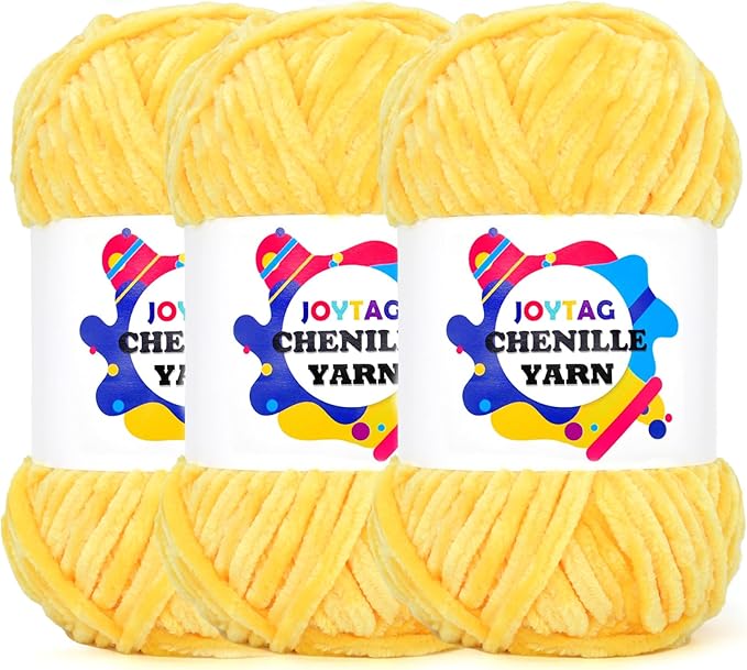 Velvet Chenille Yarn for Crocheting & Knitting - Soft, Fluffy, Thick Bulky Chunky Yellow Velvet Yarn - 3 * 100g