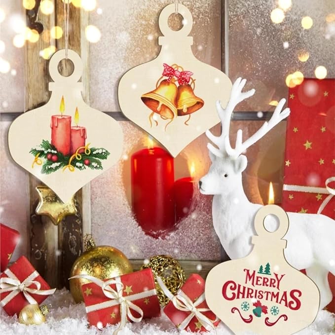 50 Pcs Wooden Ornaments, BetterJonny 3.15 * 2.56in Unfinished Natural Wood Slices with Holes Blank Wood Discs with 50pcs Jute Rope for DIY Christmas Decoration