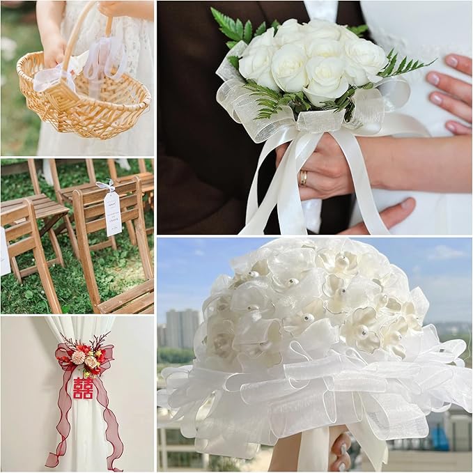 White Ribbon for Gift Wrapping 3/8 inch Sheer Organza Ribbon for Flower Bouquet Tulle Chiffon Ribbons for Wedding Invitations Christmas Halloween Decorations Crafts 50 Yards