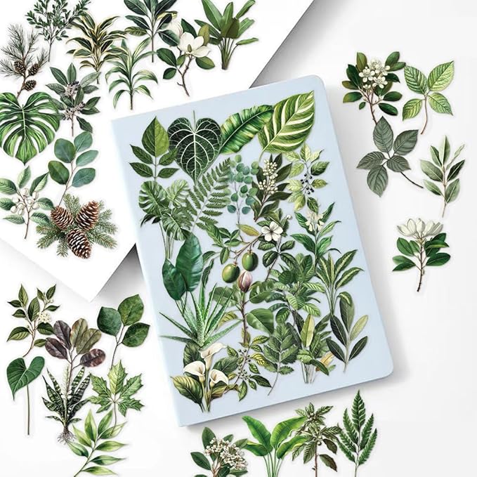 50-Piece Transparent Waterproof Greenery Plant Stickers for Scrapbooking, Journaling & Crafting – Realistic Botanical Leaves, Ferns, and Tropical Plants, Self-Adhesive Decorative Stickers