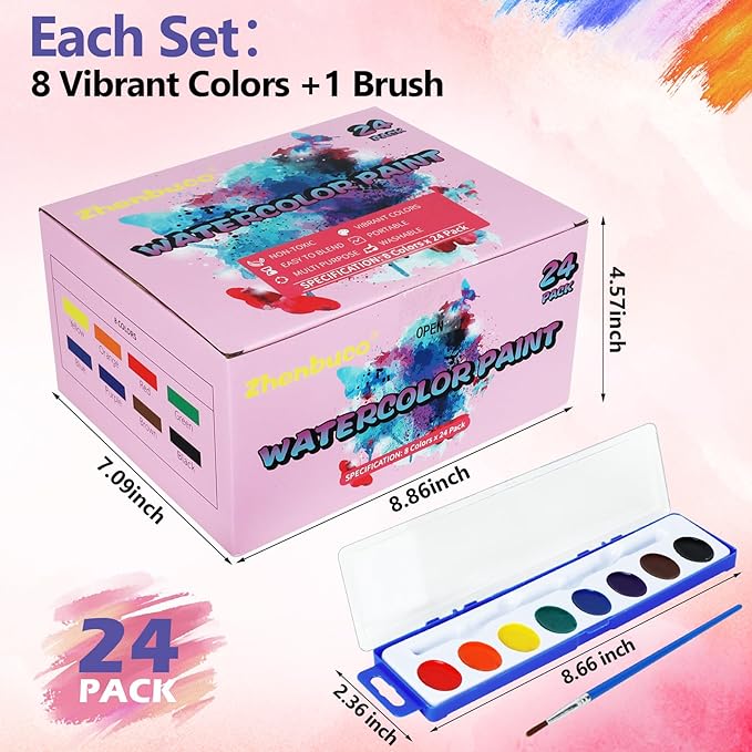 24 Pack Watercolor Paint Set - 8 Colors Quality Washable Water Color Paints Sets with Paint Brush, Kids Watercolor Paint Set for Coloring, Art, Classrooms, Party Favors and Paint Supplies