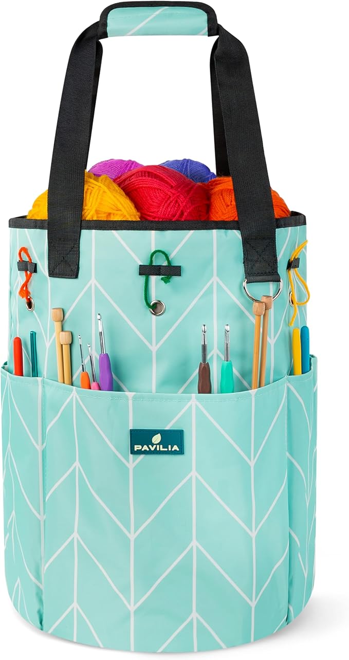 PAVILIA Crochet Bag Knitting Bag Organizer, Yarn Bag Storage Tote for Crocheting On The Go, Knitting Accessories Supplies Holder with Grommets, Gift for Crochet Lovers Knitters (Chevron Teal)
