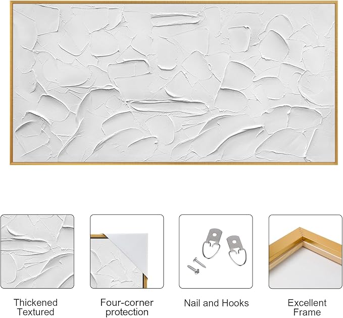 Large Size Hand-Painted Oil Painting on Canvas Gold Frame White Textured Wall Art Abstract Minimalist 3d Artwork Neutral Wall Picture Home Decor for Living Room Bedroom Office Ready to Hang 60x40inch