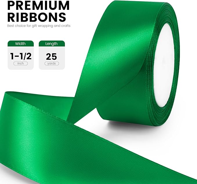 1-1/2" x 25 Yards Satin Ribbon, Green Silk Ribbon Ideal for Gift Wrapping, Floral Bouquets, Crafts, Wedding Party Decorations, Christmas and Sewing Projects