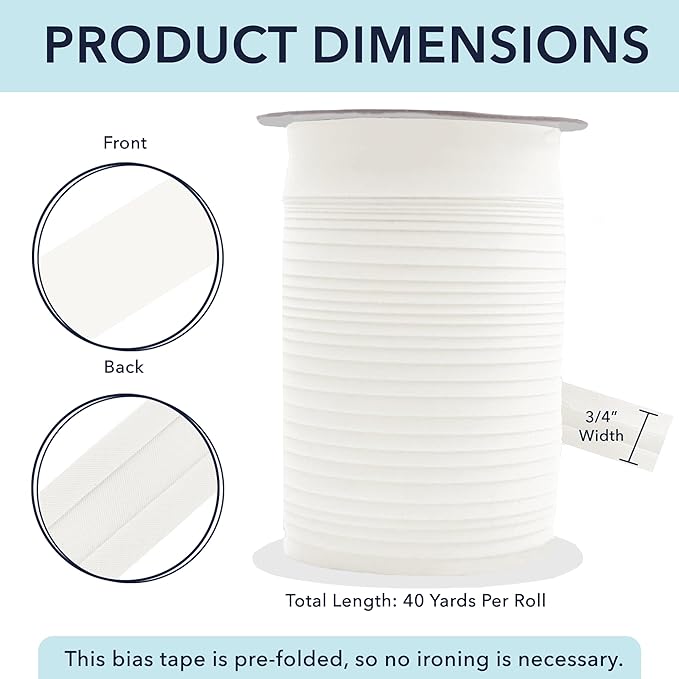 Mandala Crafts 3/4 Inch Single Fold Bias Tape for Sewing, Quilting, Piping, Hemming, Blanket & Quilt Binding – 40 Yards Off White Fabric Seam Binding Tape
