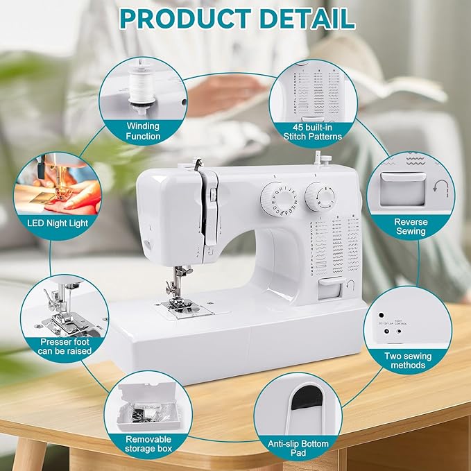 Mini Sewing Machine for Beginners Kids, Portable Sewing Machine with 45 Built-In Stitches and High Speed, Double Needle with 42PCS Sewing Kit Us Plug (110v), Christmas Sewing Gifts for Women