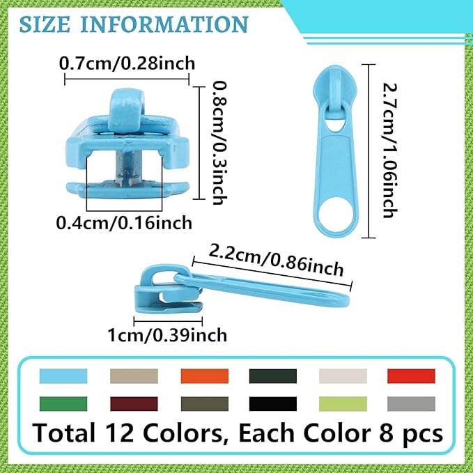 DOITEM 96Pcs Zipper Repair Kit - 12 Colors, 3# Zipper Pulls, Rescue Kit for Clothing, Jackets, Purses, Luggage, Backpacks