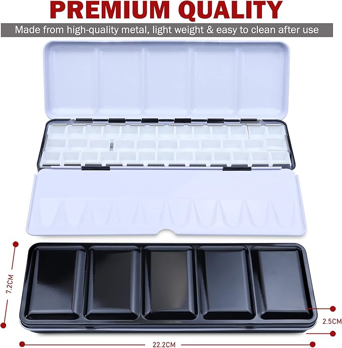 DUGATO Medium Empty Watercolor Palette Tin with Lid - Holds 24 Half Pans (37 Included), 6 Fold-Out Mixing Areas - Metal Travel Box for DIY Art