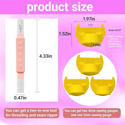 4Pcs Edge Stitch Lock and Sewing Gauge Set - Edge Sewing Lockranding Tool for Quilting, Hemming, Needle Gauge, Seam Guide Ruler, Measuring Tool for Straight(4mm/3mm & Seam Ripper)