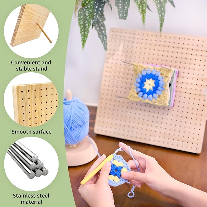 HAND U JOURNEY 12 Inch Large Size Premium Wooden Crochet Blocking Board - Complete Crochet Accessories Set with 12 Steel Pins - Ideal for Knitting, Granny Squares, and Projects