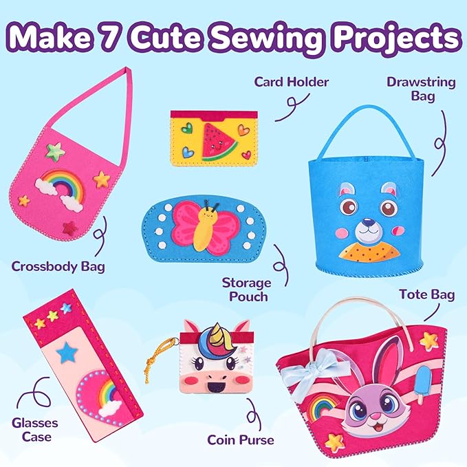 MGparty Sewing Kit for Kids, DIY Beginner Sewing Kit with 7 Cute Cartoon Bags Purses to Make Unicorn, Bunny, Bear, Rainbow Crafts for Girls Boys Educational Sewing Toy Gift