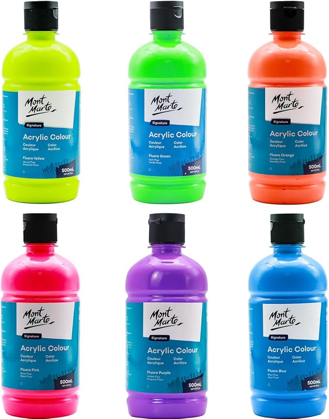 Mont Marte Signature Fluoro Green Acrylic Paint, 16.9oz (500ml), Semi-Matte Finish, 12 Colors, Suitable for Canvas, Wood, Fabric, Leather, Cardboard, Paper, MDF and Crafts