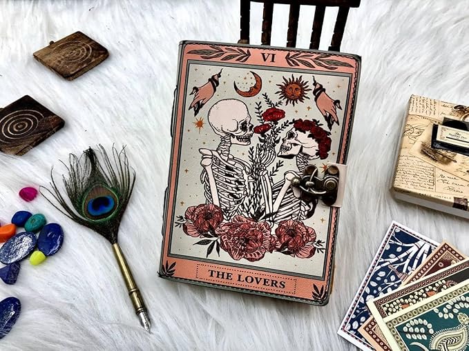 Book of Spells Leather Journal Deckle Edge Paper Grimoire Printed Journal The Lovers Tarot Notebook Spiral Gothic Notebook Skull lover Antique Vintage Leather Journals for Men and Women