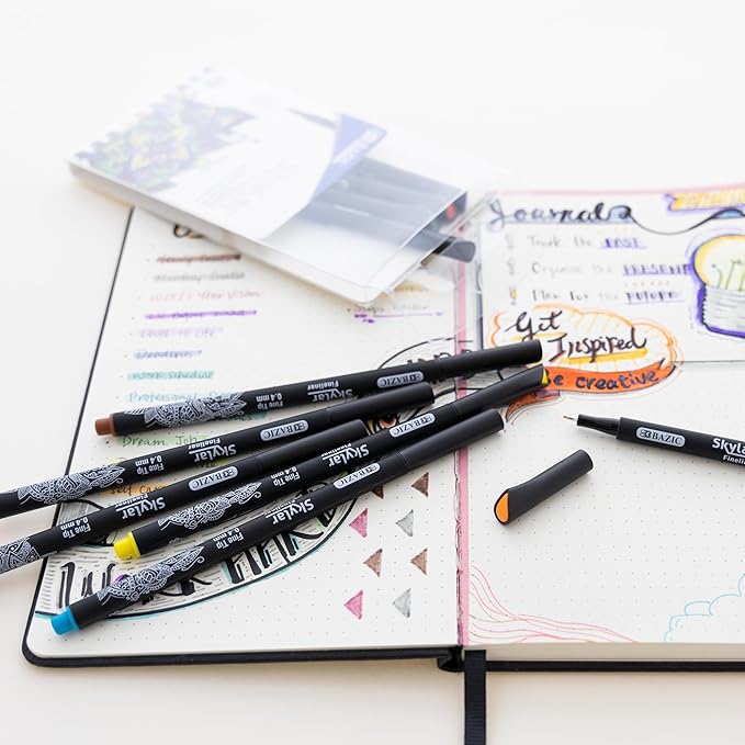 BAZIC Products Skylar Fineliner Pen, Fine Tip 0.4mm Pens, Assorted Colors, Writing Drawing Bullet Journaling for Art Graphic Office School, 10 Count, 12-Pack