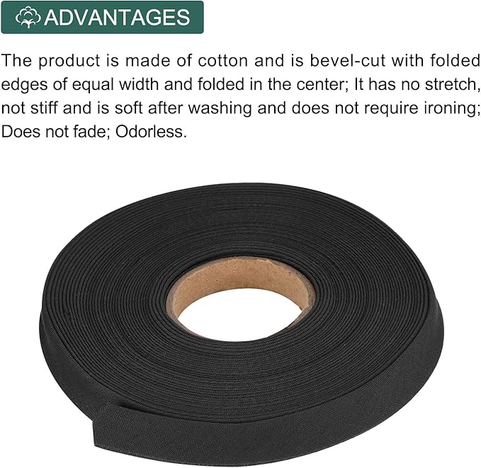 MECCANIXITY 1/2 Inch Double Fold Bias Tape Polyester Continuous Bulk Bias Tape for Sewing,Seaming Quilting Hemming Binding Crafts (Black 10 Yards)