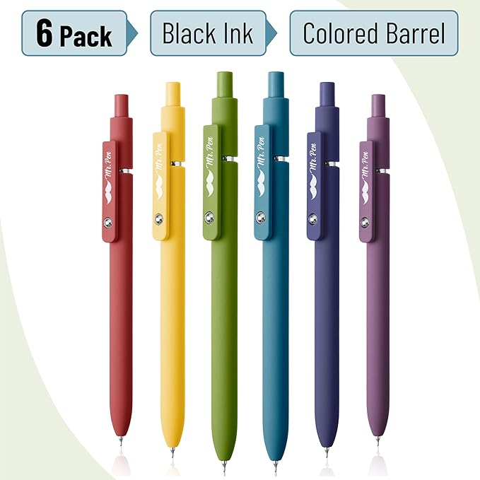 Mr. Pen- Retractable Gel Pens, 6 Pack, Vintage Color Barrels, Black Ink, Fast Dry, Fine Point 0.5mm, Cute and Aesthetic for Journaling