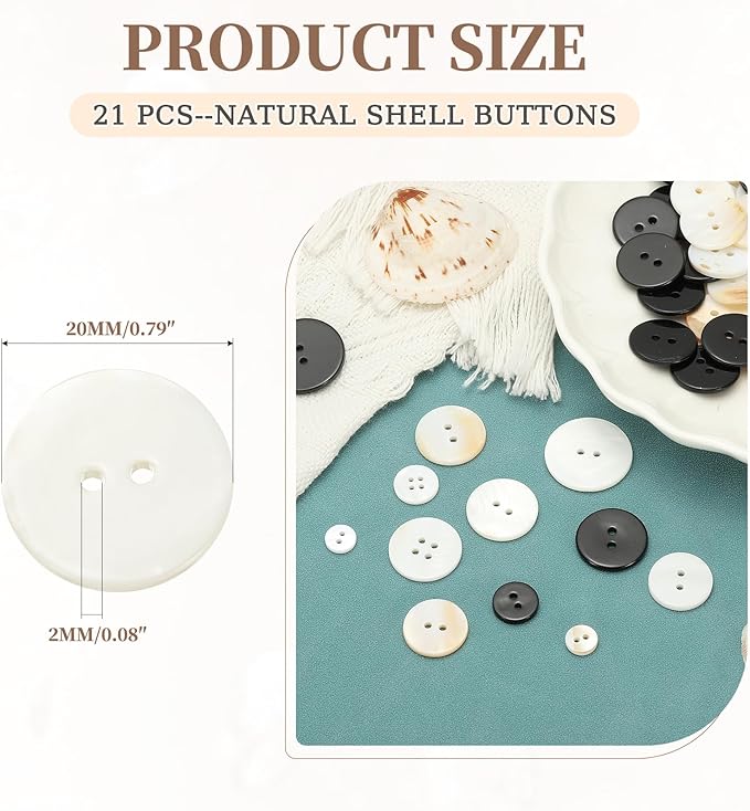 uxcell 21Pcs Natural Shell Button, 2 Hole 20mm Round Mother of Pearl Buttons for Shirt Coats Suits Jackets Jeans Skirts DIY Sewing Crafts, White