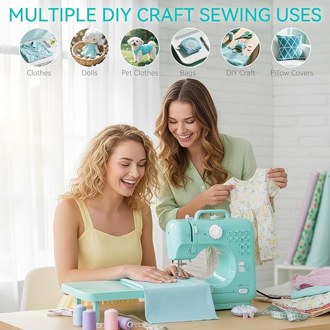 Sewing Machine for Beginners with Extension Table, Mini Electric Portable Sewing Machine with 12 Stitches LED Light and Accessories Kit for Home DIY Sew Project Cyan
