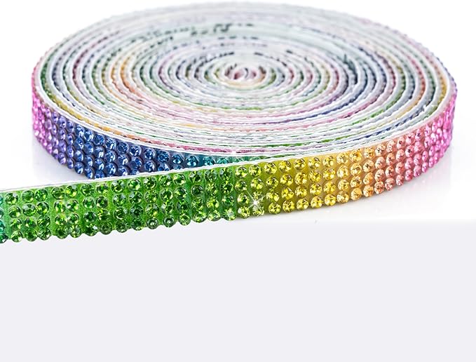 Novani Self Adhesive Rhinestone Ribbon, 0.35 Inch Wide 3 Yards 1 Roll, Rainbow Crystal Diamond Bling Strips for DIY Crafts,Home Decor,Glitter Glass Rhinestones Tape for Crafting,Car Decoration
