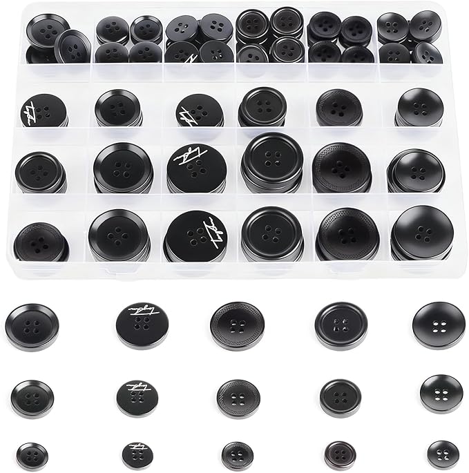 110Pcs Black Mixed Sewing Buttons, 4-Hole Craft Round Blazer Buttons, 5 Color 3 Size (15mm, 20mm, 25mm) Suit Coats Resin Button, Suitable for Variety Clothing Sewing, DIY Craft (Black)