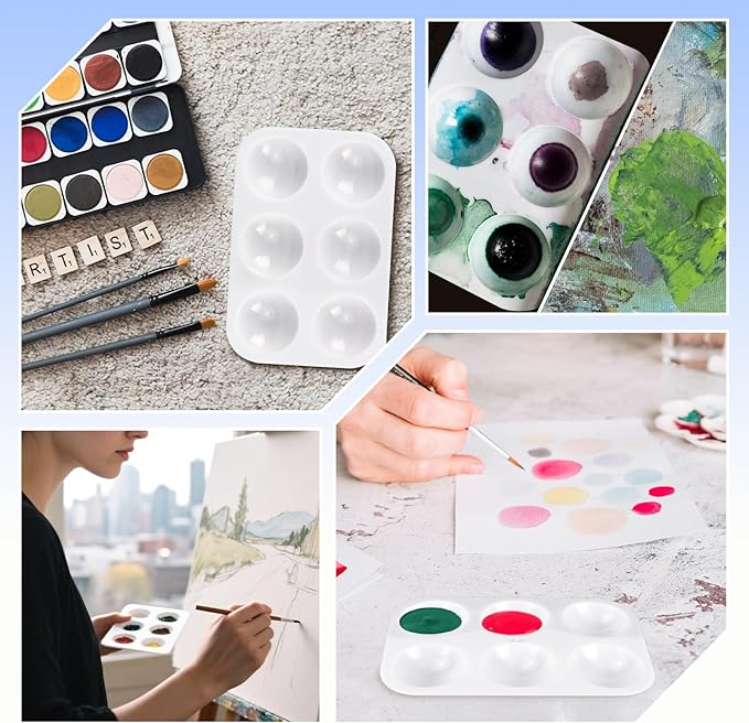 Bercoor 52 PCS Plastic Paint Palettes, 6 Well White Rectangular Watercolor Oil Palette Painting Tray Artist Craft Palettes for Painting Party, DIY Craft and Art Painting