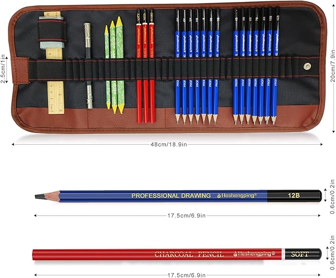 Drawing Sketching Pencil Set, 26 pcs Draw Supplies Kit, 14 Graphite (12B -6H), Charcoal Erasers Sharpener Extender, Ideal for Drawing Art, Sketching, Shading, Artist Pencils for Beginners Pro Artists
