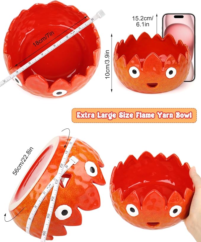 Coopay Flame Yarn Bowls for Crocheting/Knitting, Cute Yarn Storage Bowls with 7PCS Yarns, Large Size Ceramic Yarns Bowl Crochet Knitting Bowls for Beginners, Great Knitting Crochet Gift (7in)