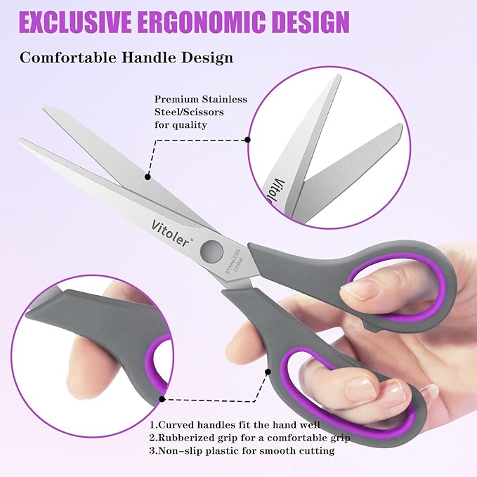 Vitoler Scissors 8.5" Heavy Duty scissors all purpose Bulk Set of 3, Scissors for Office Home School Craft Supplies, Soft Comfort-Grip Right/Left Hand