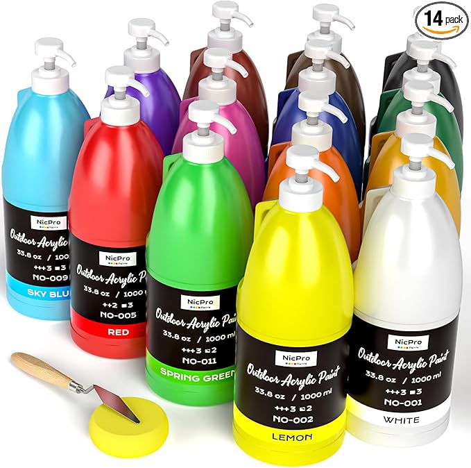 Nicpro 14 Colors Large Bulk Outdoor Acrylic Paint Set (33.8 oz, 1000 ml) Rich Art Painting Supplies Non Toxic Multi Surface Paint for Canvas, Wood, Leather, Fabric Stone Craft, Concrete, Wall, for Beginners, Artists & Adults with Pump