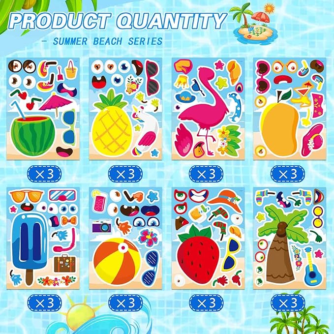 24 Sheets Summer Make a Face Sticker Hawaii Tropical Pool Beach Stickers for Kids, Make Your Own Watermelon Pineapple Flamingo Stickers, Summer Holiday Party Favors