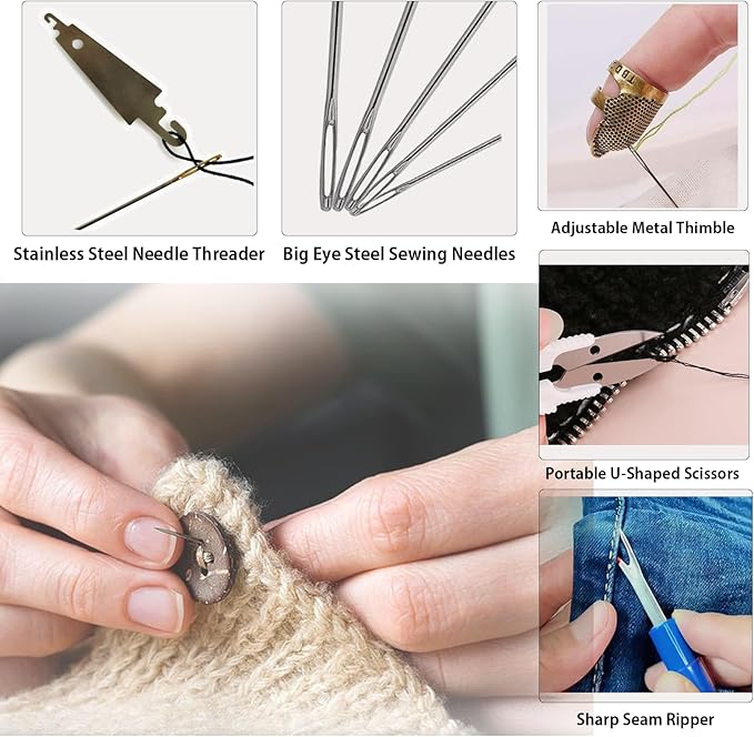 43Pcs Portable Sewing Kit for Adults - Stainless Steel Needles for Hand Sewing Kit with Big Eye & Threader, for Travel and Daily Clothing Repair