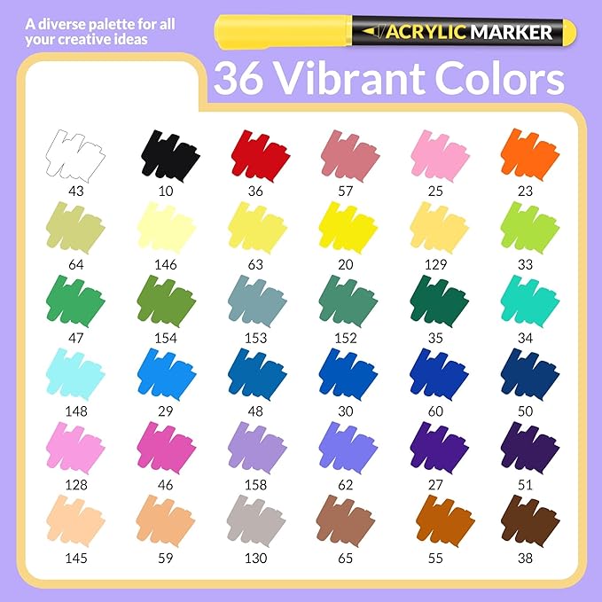 SUNEE Acrylic Paint Markers Brush Tip, 36 Colors Acrylic Markers with Automatic Ink Control System, Waterproof Acrylic Paint Pens for Painting,Wood, Canvas, Glass, Stone, Fabric and Art Supplies