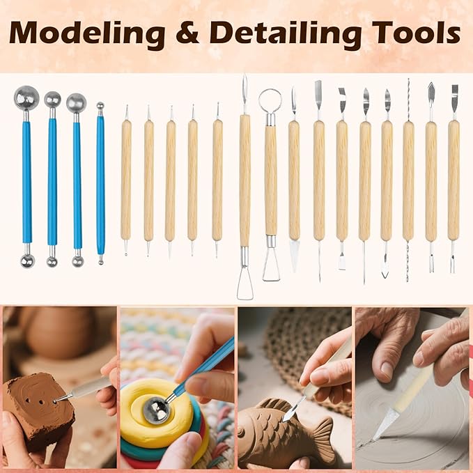 41PCS Clay Sculpting Tools Kit, Pottery Tools with Organizer Storage Bag, Wooden, Stainless Steel Plastic Clay Tools, Sculpting Tool for DIY Handcraft, Modeling, Ceramic Carving