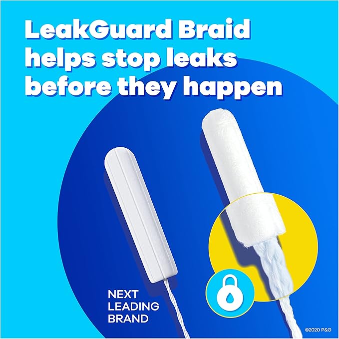 Tampax Pearl Tampons Regular Absorbency, with Leakguard Braid, Unscented, 50 Count (Pack of 2)