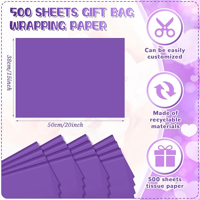 Qilery 500 Sheets Purple Tissue Paper Bulk for Gift Bags 15 x 20 Inch Acid Free Packaging Wrapping Decoupage Paper Sheets, Mardi Gras Carnival St. Patrick's Day Decor DIY Craft, Parade Float, Wedding