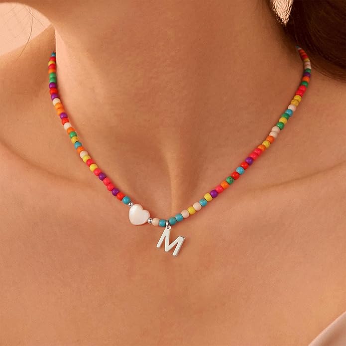 Ursteel Colorful Initial Cute Necklaces for Girls - Trendy Beaded Choker Necklace for Women Teen Girl, Handmade Letter Necklace Valentines Galentine Gifts for Women Girls Jewelry
