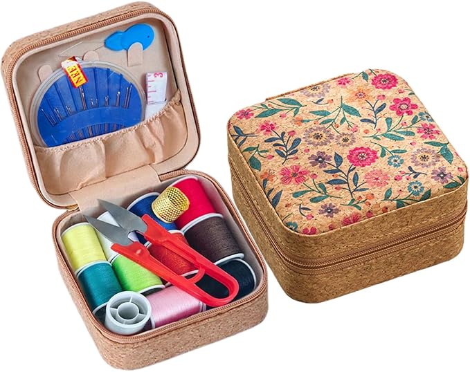 Sewing Box,Portable Travel Sewing Kit ，Vintage Soft Wood Print Sewing Kit,Mini Sewing Kits Storage Box,with 11 Color Thread, Scissors, Needles, Tape Measure and Other Accessories (sea of Flowers)